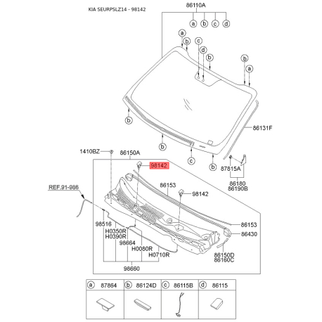 Форсунка (распылитель) омывателя ветрового стекла 98630-1M100 Mobis - 986301M100 - схема с каталога 98142, SEURPSLZ14 986301M100