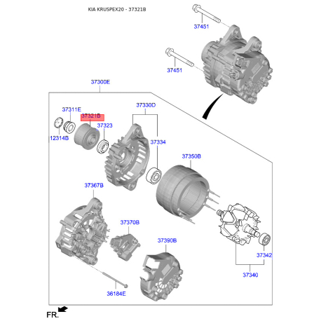 Шкив инерционный (муфта) генератора 37320-2E010 Mobis - 373202E010 - схема с каталога 37321B, KRUSPEX20 373202E010