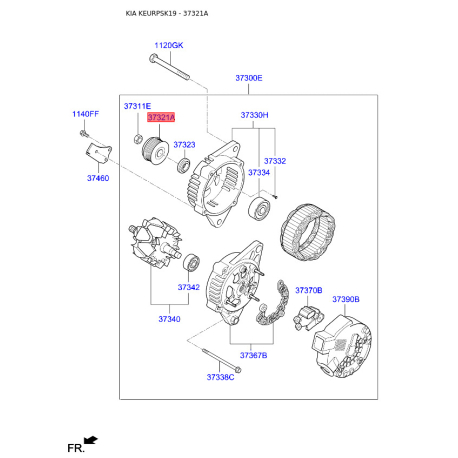 Шкив инерционный (муфта) генератора 37320-2E220 Mobis - 373202E220 - схема с каталога 37321A, KEURPSK19 373202E220