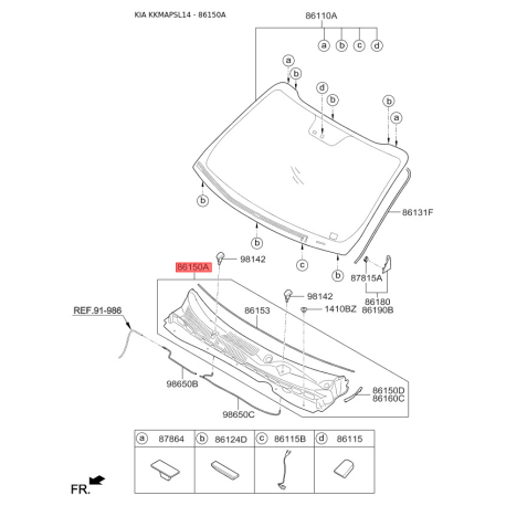 Облицовка передней панели (жабо) 86150-3W500 Mobis - 861503W500 - схема с каталога 86150A, KKMAPSL14 861503W500