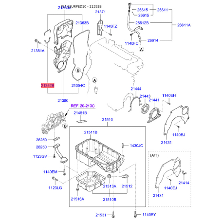 Кришка захисна ременя розподільчого вала нижня 21352-23000 Mobis - 2135223000 - схема з каталогу 21352B, SEURPED10 2135223000