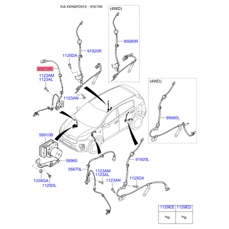Датчик частоты вращения колеса (ABS) передний правый 95671-D3000 Mobis - 95671D3000 - схема с каталога 95670R, KKMAPD919 95671D3000