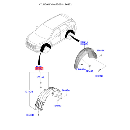 Обшивка (підкрилок), колісна ніша права 86812-D3500 Mobis - 86812D3500 - схема з каталогу 86812, KHMAPD318 86812D3500