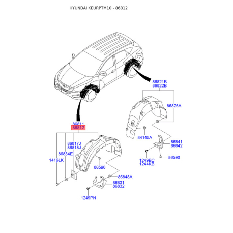 Обшивка (подкрылок), колесная ниша правая 86812-2S300 Mobis - 868122S300 - схема с каталога 86812, KEURPTM10 868122S300