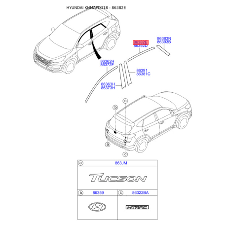Облицювання / захисна накладка, боковина ліве верхнє 86382-D3000 Mobis - 86382D3000 - схема з каталогу 86382E, KHMAPD318 86382D3000