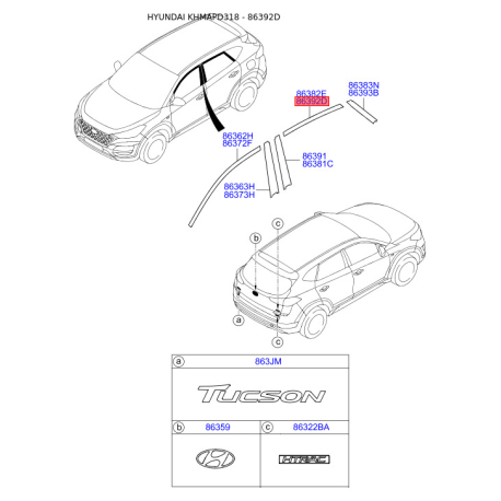 Облицовка / защитная накладка, боковина правая верхняя 86392-D3000 Mobis - 86392D3000 - схема с каталога 86392D, KHMAPD318 86392D3000