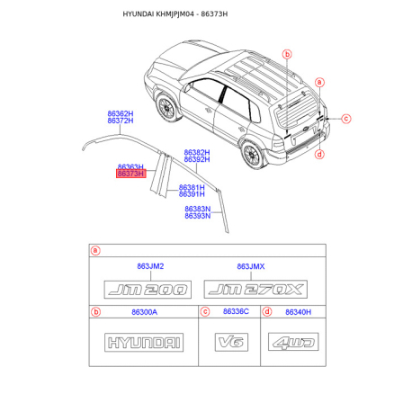 Облицовка / защитная накладка, боковина задняя правая 86373-2E001 Mobis - 863732E001 - схема с каталога 86373H, KHMJPJM04 863732E001