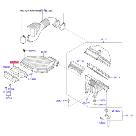 Рукав воздухозаборника, воздушный фильтр 28213-D3000 Mobis - 28213D3000 - схема с каталога 28213A, KHMAPD318 28213D3000