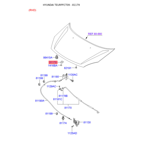 Упор капота и его крепление 81179-2D000 Mobis - 811792D000 - схема с каталога 81179, TEURPFCT09 811792D000