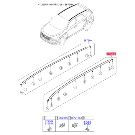Молдинг даху лівий 87230-D3000 Mobis - 87230D3000 - схема з каталогу 86710H, KHMAPD318 87230D3000