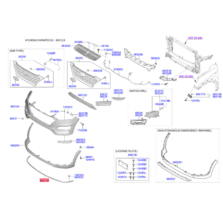 Накладка бампера нижняя (губа) 86567-D3500 Mobis - 86567D3500 - схема с каталога 86511K, KHMAPD318 86567D3500