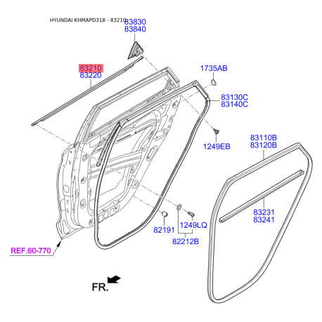 Ущільнювач (прокладка), бічне скло лівий 83210-D3000 Mobis - 83210D3000 - схема з каталогу 83210, KHMAPD318 83210D3000