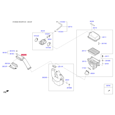 Рукав повітрозабірника, повітряний фільтр 28210-F2000 Mobis - 28210F2000 - схема з каталогу 28210F, KRUSPF219 28210F2000