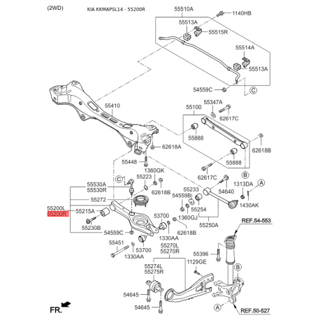 Рычаг задней подвески правый нижний (под пружину) 55220-2S010 Mobis - 552202S010 - схема с каталога 55200R, KKMAPSL14 552202S010