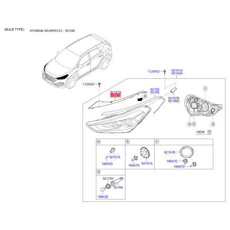 Крепление фары, освещение правое 92141-D3000 Mobis - 92141D3000 - схема с каталога 92198, KEURPD315 92141D3000