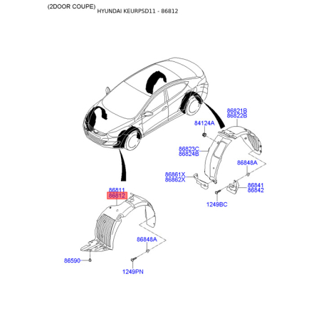 Обшивка (підкрилок), колісна ніша права 86812-3X000 Mobis - 868123X000 - схема з каталогу 86812, KEURPSD11 868123X000