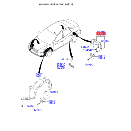 Обшивка (подкрылок), колесная ниша правая 86822-2H000 Mobis - 868222H000 - схема с каталога 86822B, KEURPHD06 868222H000
