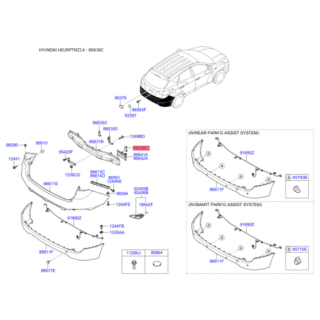 Кронштейн, буфер нижній 86636-2Y000 Mobis - 866362Y000 - схема з каталогу 86636C, HEURPTMZ14 866362Y000