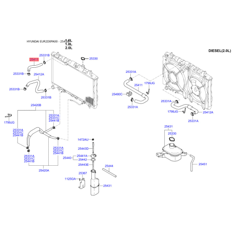 Шланг радіатора верхній 25411-2D000 Mobis - 254112D000 - схема з каталогу 25411, EUR2D0PA00 254112D000