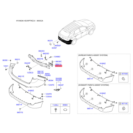 Кронштейн, буфер правый 86642-2Y000 Mobis - 866422Y000 - схема с каталога 86642A, HEURPTMZ14 866422Y000