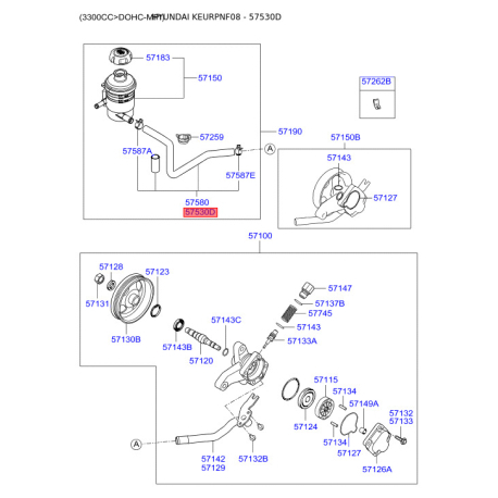 Гидравлический шланг(трубка), рулевое управление 57530-3K010 Mobis - 575303K010 - схема с каталога 57530D, KEURPNF08 575303K010