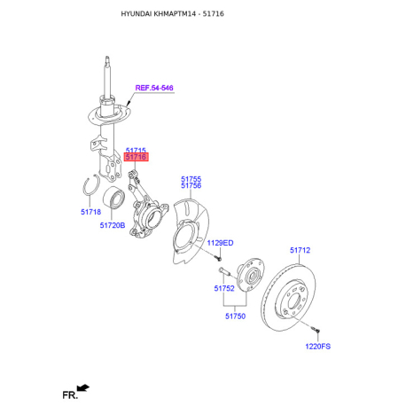 Поворотный кулак, подвеска колеса правый 51716-2S500 Mobis - 517162S500 - схема с каталога 51716, KHMAPTM14 517162S500