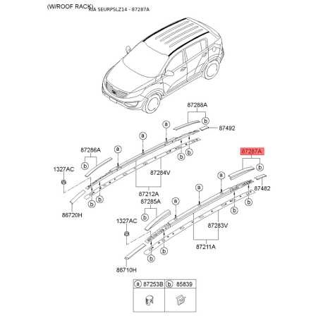 Крепление молдинга крыши заднее левое 87261-3W500 Mobis - 872613W500 - схема с каталога 87287A, SEURPSLZ14 872613W500