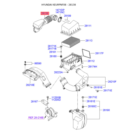 Шланг, система подачи воздуха 28138-3K200 Mobis - 281383K200 - схема с каталога 28138, KEURPNF08 281383K200