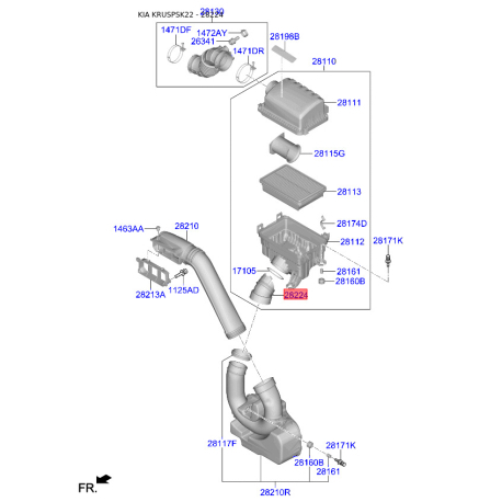 Прокладка, рукав повітрозабірника - корпус повітря. фільтра 28116-F2100 Mobis - 28116F2100 - схема з каталогу 28224, KRUSPSK22 28116F2100
