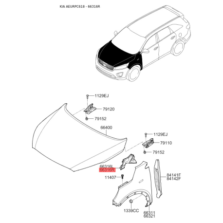 Внутренняя часть крыла задняя правая верхняя 66325-C5000 Mobis - 66325C5000 - схема с каталога 66316R, AEURPC618 66325C5000