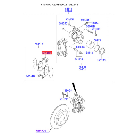 Пружина, колодки дискового гальма 58144-3X000 Mobis - 581443X000 - схема з каталогу 58144B, AEURPSDA14 581443X000