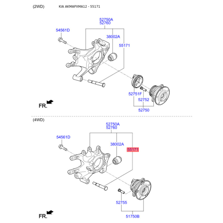 Болт задней ступицы и рычага 55171-2B000 Mobis - 551712B000 - схема с каталога 55171, AKMAPXMA12 551712B000