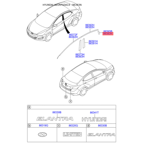 Облицовка / защитная накладка, боковина задняя левая 86383-3X000 Mobis - 863833X000 - схема с каталога 86383N, AEURPSDA14 863833X000