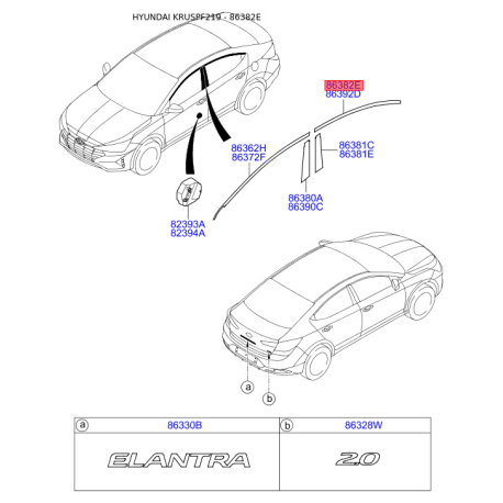Облицовка / защитная накладка, боковина левая верхняя 86382-F2000 Mobis - 86382F2000 - схема с каталога 86382E, KRUSPF219 86382F2000