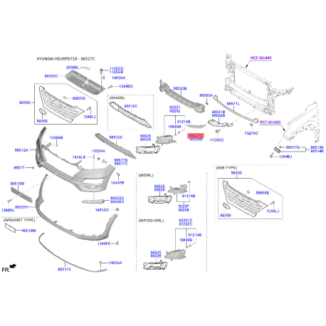 Решетка вентилятора, буфер левая нижняя 86523-D7530 Mobis - 86523D7530 - схема с каталога 86527C, HEURPD718 86523D7530