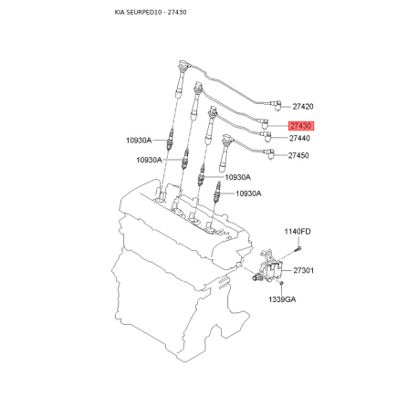 Провода высоковольтные 27430-23700 Mobis - 2743023700 - схема с каталога 27430, SEURPED10 2743023700