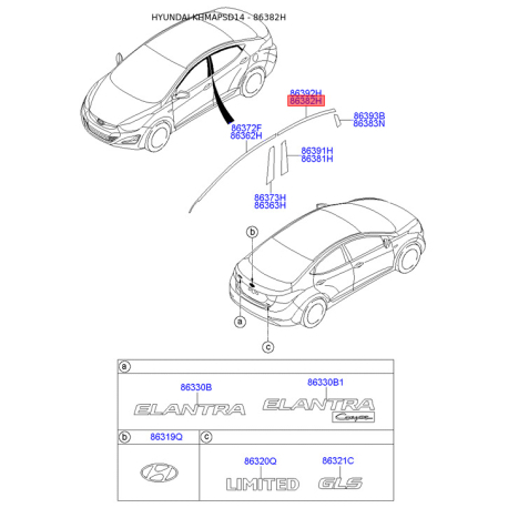 Облицовка / защитная накладка, боковина левая верхняя 86382-3X000 Mobis - 863823X000 - схема с каталога 86382H, KHMAPSD14 863823X000