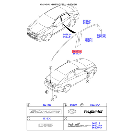 Облицовка / защитная накладка, боковина задняя левая 86363-3S010 Mobis - 863633S010 - схема с каталога 86363H, KHMAPGFE11 863633S010