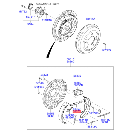 Система тяг та важелів, гальмівна система права 58370-28000 Mobis - 5837028000 - схема з каталогу 58370, KEURPAM12 5837028000