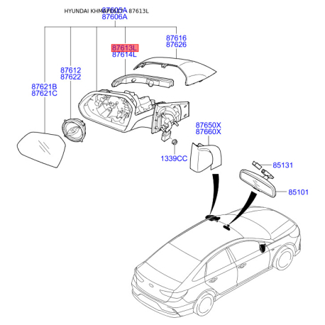 Повторювач поворотів на дзеркалі лівий 87613-C1000 Mobis - 87613C1000 - схема з каталогу 87613L, KHMAPE617 87613C1000