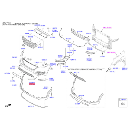 Решітка вентилятора, буфер права нижня 86528-D7010 Mobis - 86528D7010 - схема з каталогу 86528B, HEURPD716 86528D7010