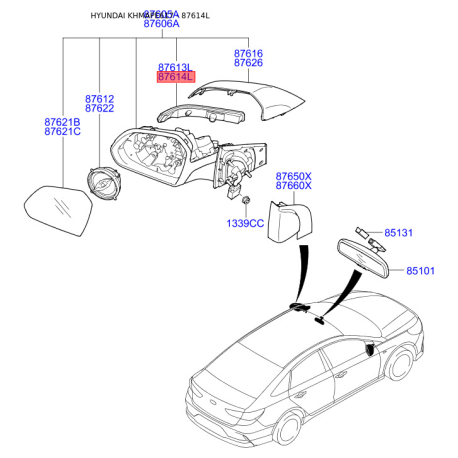 Повторитель поворотов на зеркале правый 87623-C1000 Mobis - 87623C1000 - схема с каталога 87614L, KHMAPE617 87623C1000