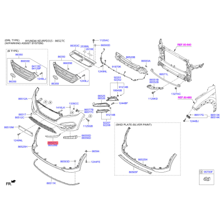 Решетка вентилятора, буфер левая нижняя 86527-D3000 Mobis - 86527D3000 - схема с каталога 86527C, KEURPD315 86527D3000
