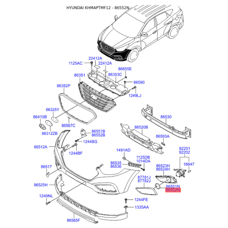 Кронштейн, протитуманна фара права 86554-2S300 Mobis - 865542S300 - схема з каталогу 86552N, KHMAPTMF12 865542S300