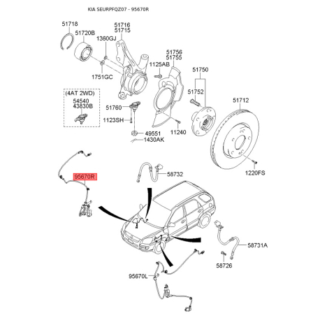 Датчик частоты вращения колеса (ABS) передний правый 95670-1F310 Mobis - 956701F310 - схема с каталога 95670R, SEURPFQZ07 956701F310