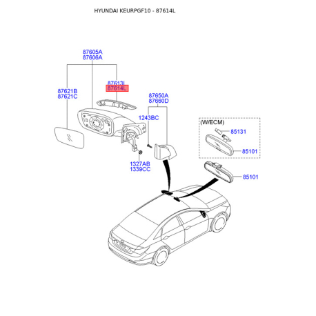 Повторитель поворотов на зеркале правый 87624-3S100 Mobis - 876243S100 - схема с каталога 87614L, KEURPGF10 876243S100