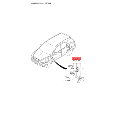 Бічний габаритний ліхтар правий 92304-3B120 Mobis - 923043B120 - схема з каталогу 92306A, KEURPBL06 923043B120