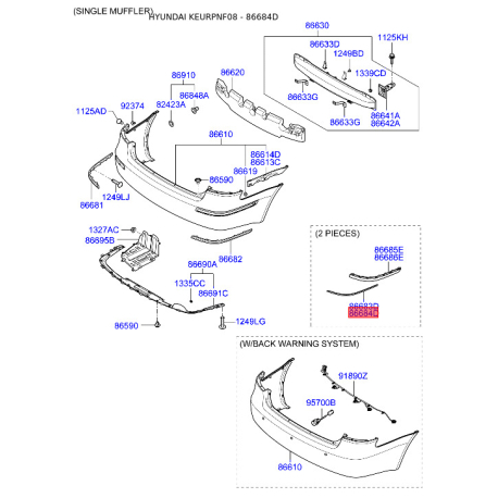 Кронштейн, буфер правий верхній 86684-3K710 Mobis - 866843K710 - схема з каталогу 86684D, KEURPNF08 866843K710