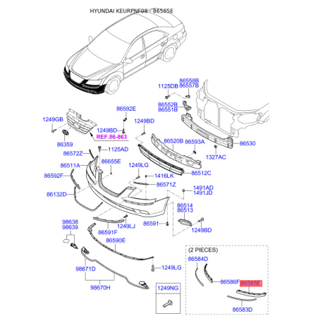 Молдинг порога, бампера і крила лівий нижній 86585-3K710 Mobis - 865853K710 - схема з каталогу 86585E, KEURPNF08 865853K710