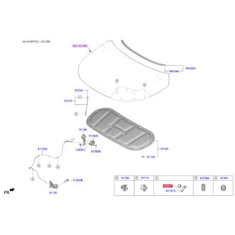 Упор капота и его крепление 81178-1D000 Mobis - 811781D000 - схема с каталога 81178B, IEURPTI23 811781D000
